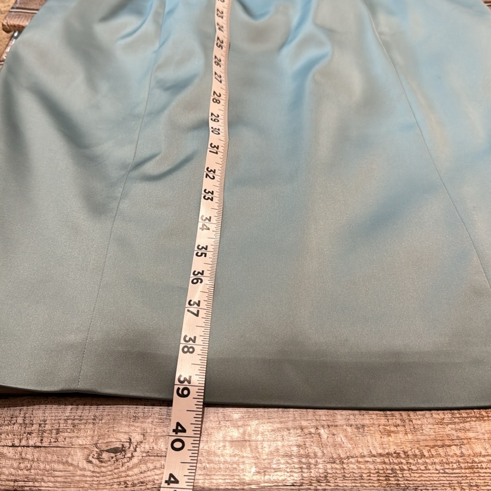 Silk Misty Blue Portrait Collar Ruched Sleeveless Tea Length Dress 10 - Picture 10 of 14